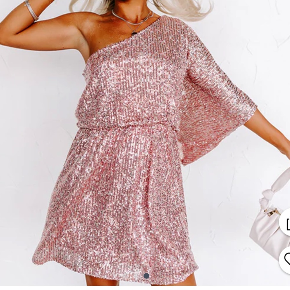 One shoulder pink sequin dress